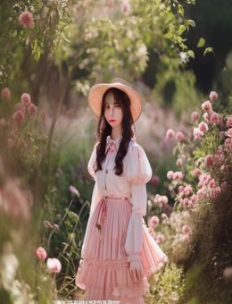 濑亚美莉清新少女系写真，花园场景，自然光线，粉色系服装，青春气息浓郁